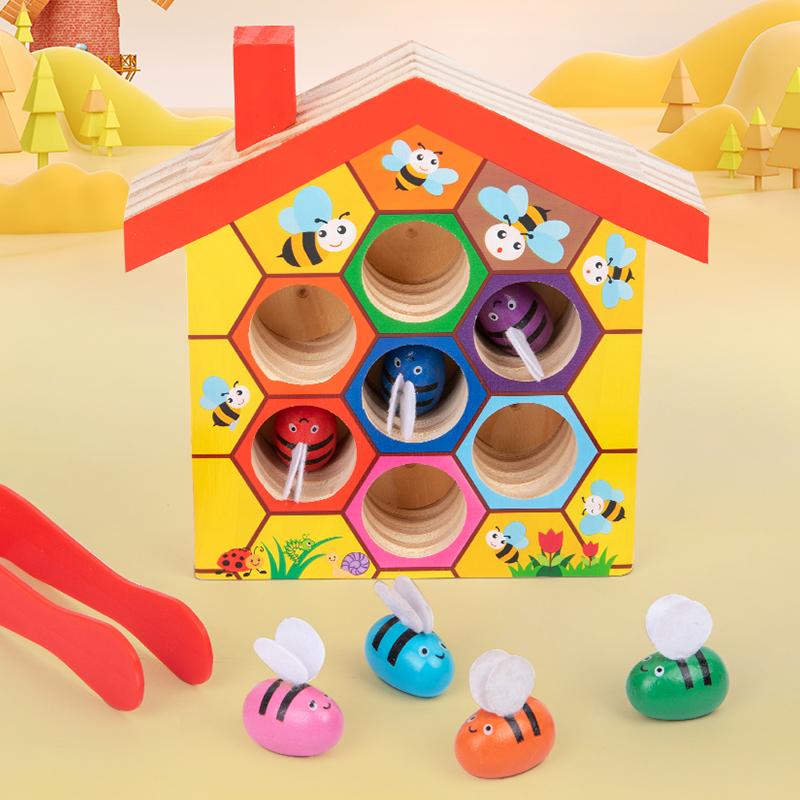Montessori Bee Trap Game Wooden Bee House Clamp Bee to Hive Matching Game Color Sorting Puzzle Fine Motor Training Game for Kids