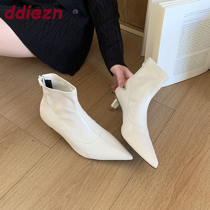 Fashion Female Low Heel Women Stretch Ankle Boots Zippers Shoes Fashion Pointed Toe Sexy Ladies Short Modern Boots Shoes Pumps