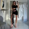 Solid Color Slanted Shoulder Hollow Dress Pure Color Slant Shoulder Hollow Dress