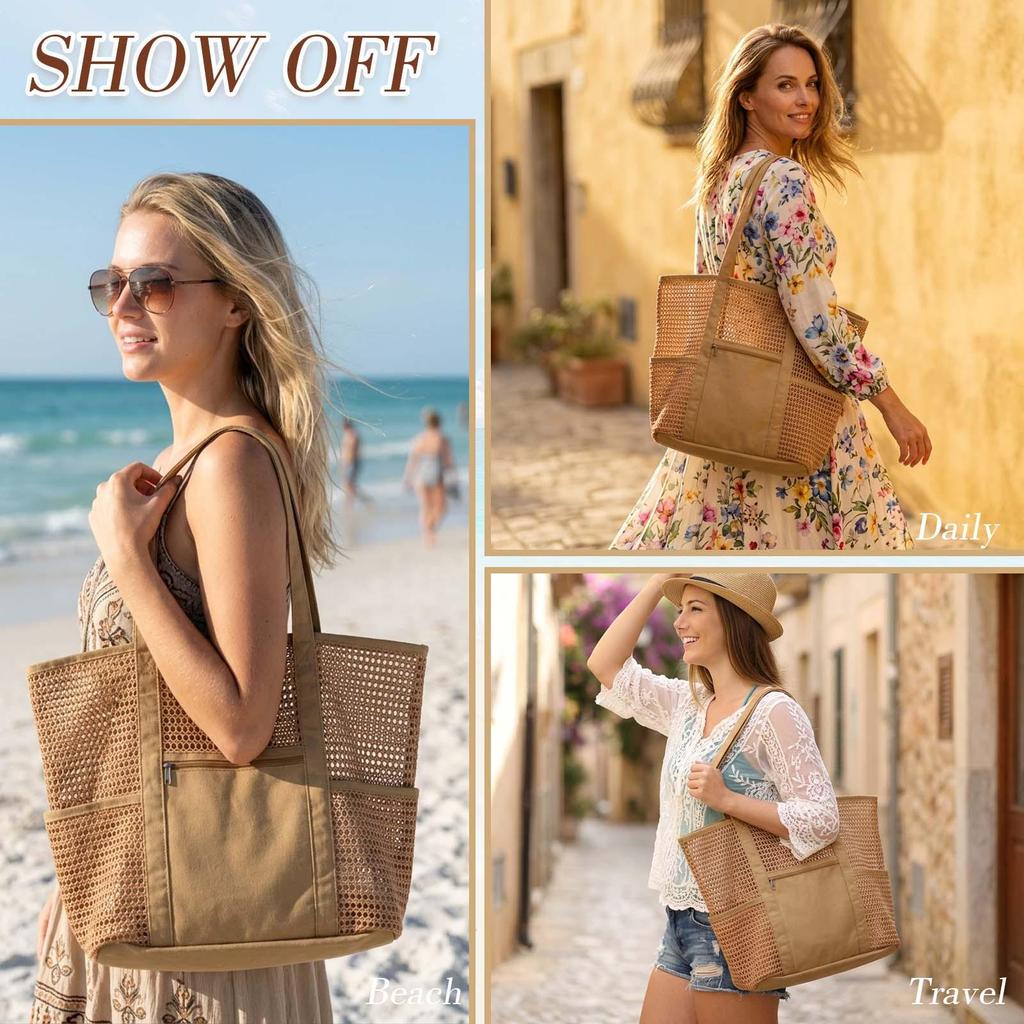 Women's Foldable Mesh Beach Bag: Portable, Single Shoulder, Breathable Handbag for Travel, Shopping, Outdoor, Summer