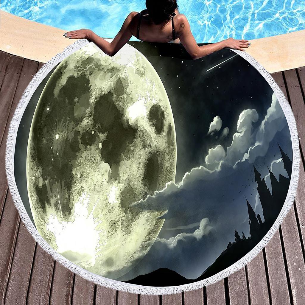 Celestial Bodies Moon Blue Night Sky Round Beach Blanket Super Soft Polyester Absorbent and Sandproof Beach Towel Picnic Blanket