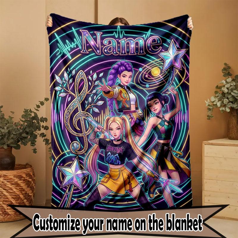 Custom Name Personalized Demon Hunters Kpop Print Blanket, Home Decor, Bedroom, Sofa, Camping, Couch, Gifts for Birthday Christmas