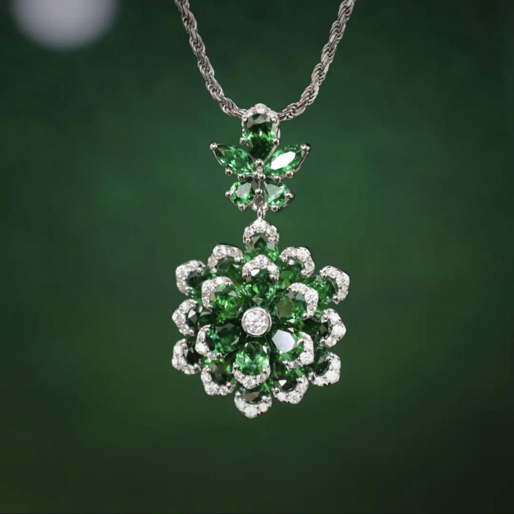 Foydjew New Flower-shaped Zircon Sets Necklaces Luxury Royal Blue Pendant Earrings Simulated Emerald Color Treasure Rings