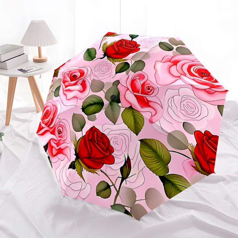 1pc Roses Pattern Automatic Opening/Closing Umbrella with Operation & Windproof Canopy - Folding Design, Holiday Gift Yy260225176