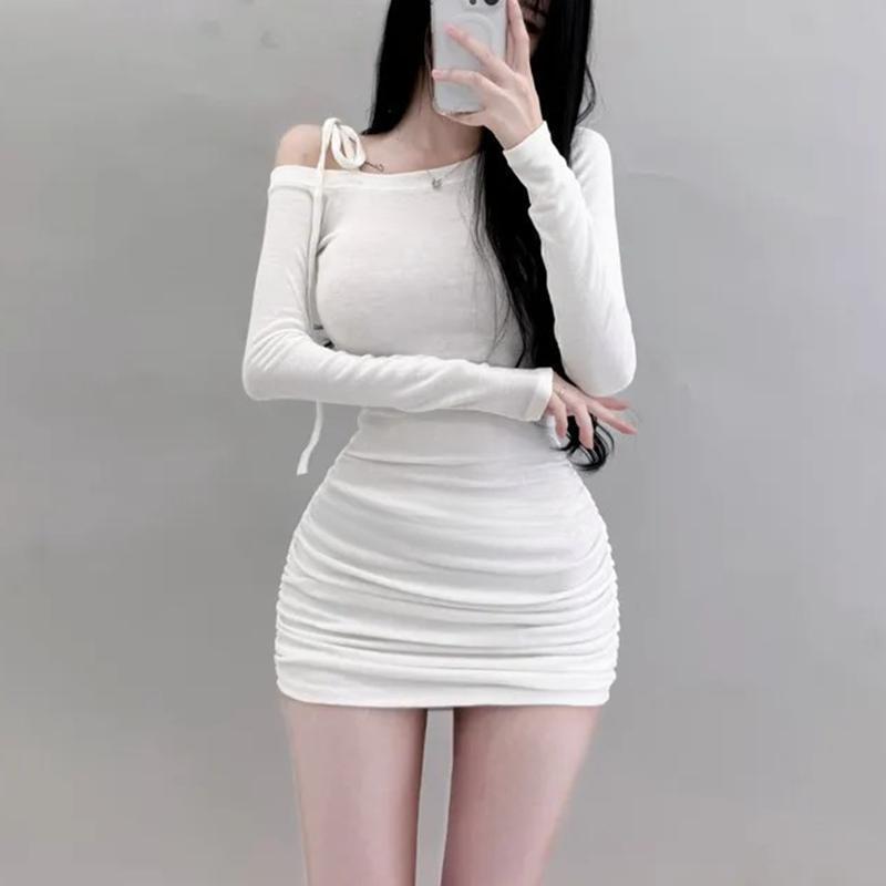 

Korean Dongdaemun Off-Shoulder Slim-Fit Padded Lace-Up Dress One Size білий