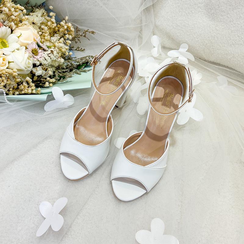 White High Heels Thick Heel Snake Pattern Stitched Sexy Open Toes Not Tired Feet One Word Buckle Women's Sandals Wedding Shoes Wedding Shoes