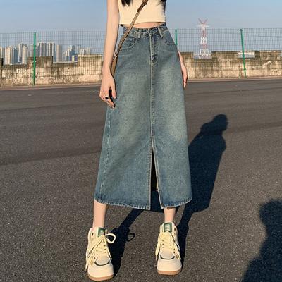 Sommer Damen High-Waist Retro A-Linien-Rock Taschen Schlitz vorne Washed Blue Jeansröcke Hüftbedeckend Gerade Lang