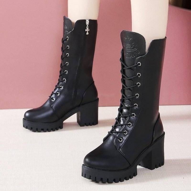 Elegant Heeled Lace-up Fleece-Lined Autumn Winter Half High Boots for Women Black Leather 2025 New Goth Y2k Mid Calf Shoes Woman