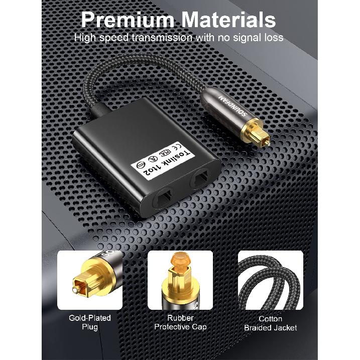 Optical Audio Splitter 1 in to 2 Out Toslink Splitter Optical Adapter Ideal for Home Theatre and More-Black