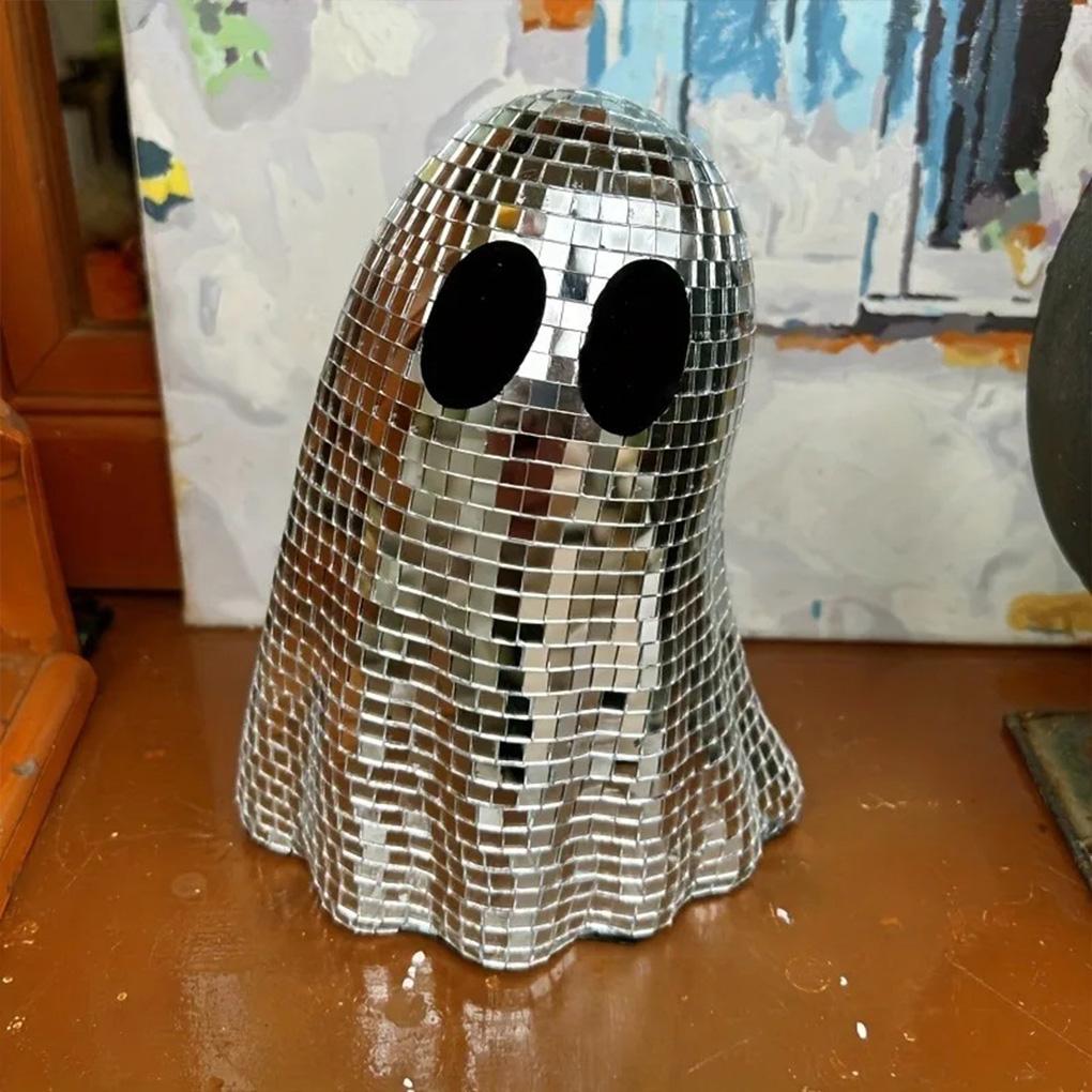 Halloween Disco Ghost Ornament Silver Mosaic Mirror Disco Ghost Tabletop Decor Glitter Spooky Ghost Halloween Tiered Tray Decor
