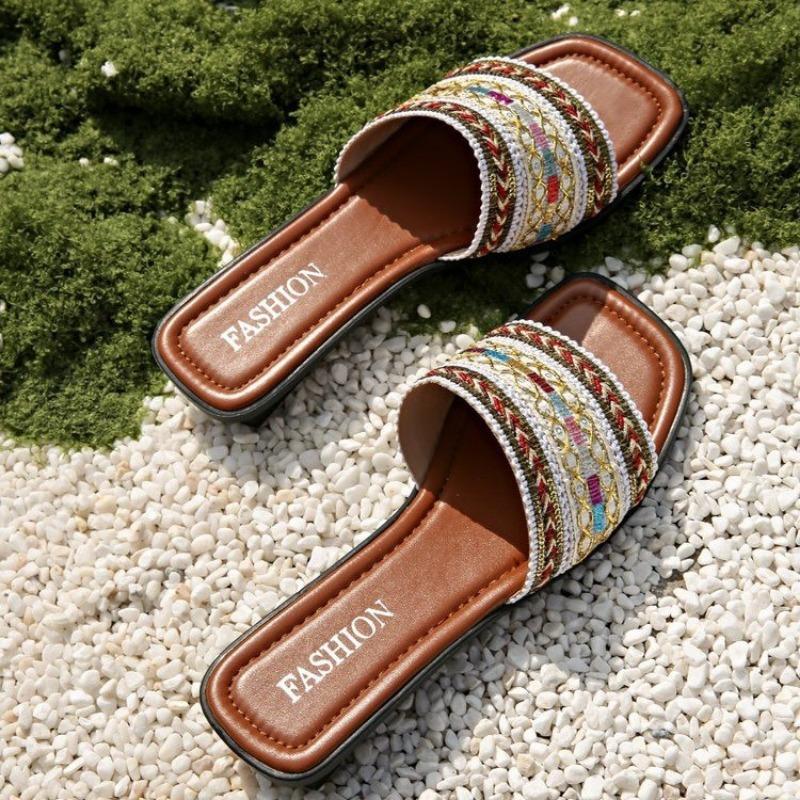 Flat-bottomed Slippers Women's Fashion Large-size Breathable One-character Foot Slippers Fish Mouth Slippers