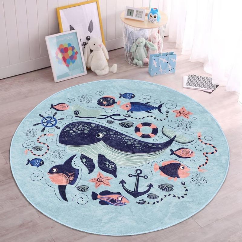 Sea World Nursery Rug Whale Playmat for Kids Room Marine Toddler Round Carpet Hook Non Slip Activity Rug Creatures Playroom Rug