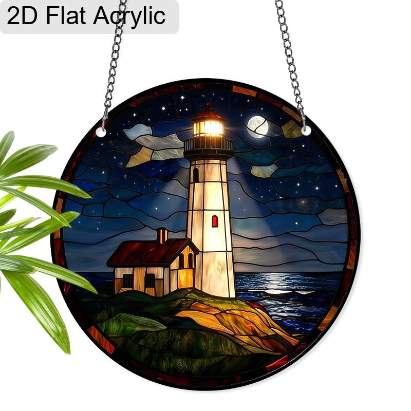 

Acrylic Night Lighthouse By The Sea Suncatcher, Stained Glass Style Window Hanging Ornament for Nautical and Ocean Lovers 20cm/7.87Inch