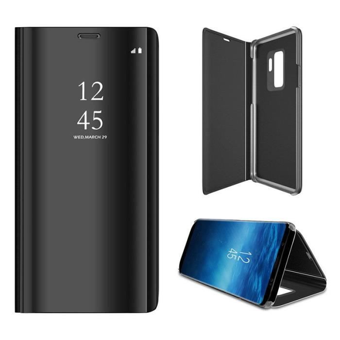 Coque pour Samsung Galaxy A9 2018 - Phonillico - Housse Miroir Noir - Protection Rabat - Multi-positions