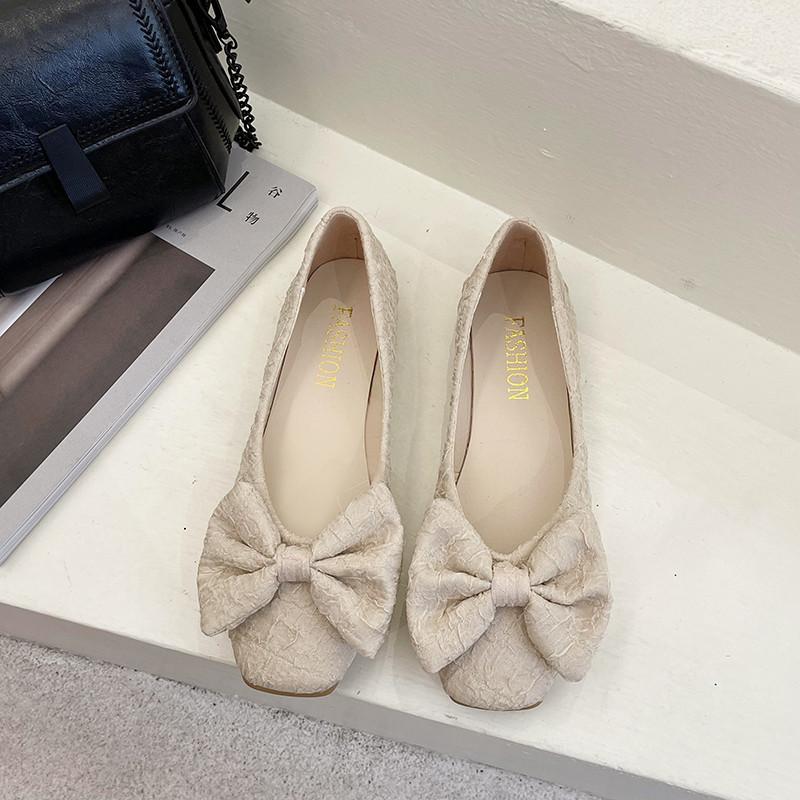 

Bow square head shallow mouth single shoes women s spring new versatile soft sole Doudou shoes ladyshoes 40 бежевый