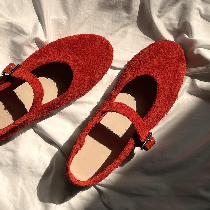 Cowhide Version~ Korean Version of Round Head, Beautiful Mary Jane Shoes, Pulled Cowhide Shallow Mouth Flats, Red Single Shoes for Women