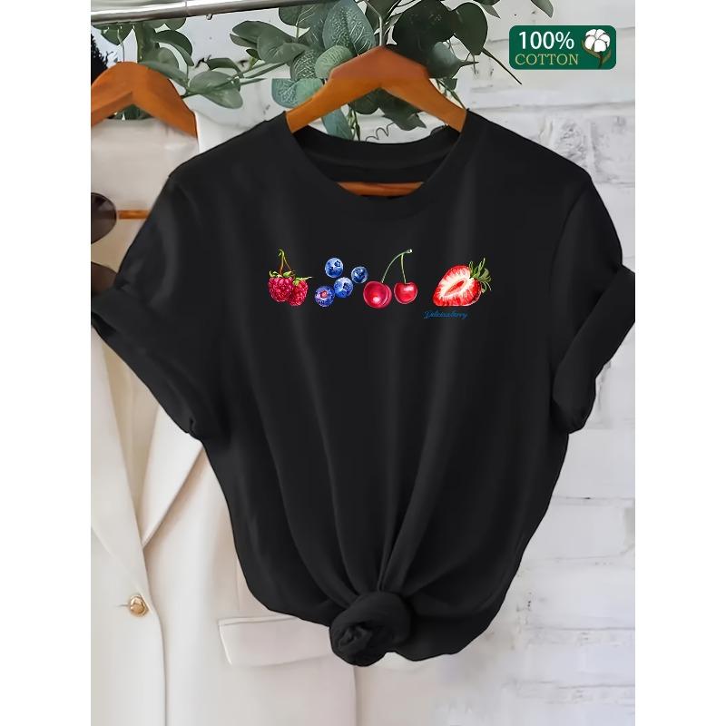 Europäische Größe 1 Stück Gemischte Früchte Grafik-T-Shirt, Lässiges Rundhals-Kurzarm-T-Shirt, Strickstoff mit leichter Dehnung