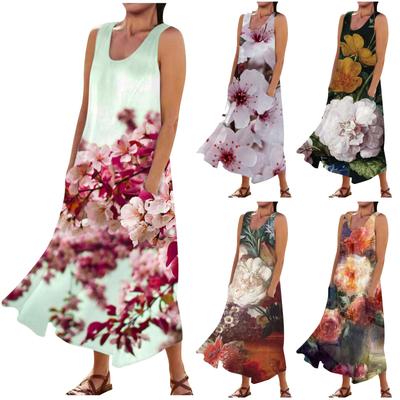 Lässiges, bequemes, ärmelloses Baumwolltaschenkleid mit Blumendruck für Damen