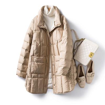 Leichte, dünne, hochwertige Damen-Daunenjacke Witner Stehkragen, langärmelig, schmal, weiße Entendaunen, warmer Mantel
