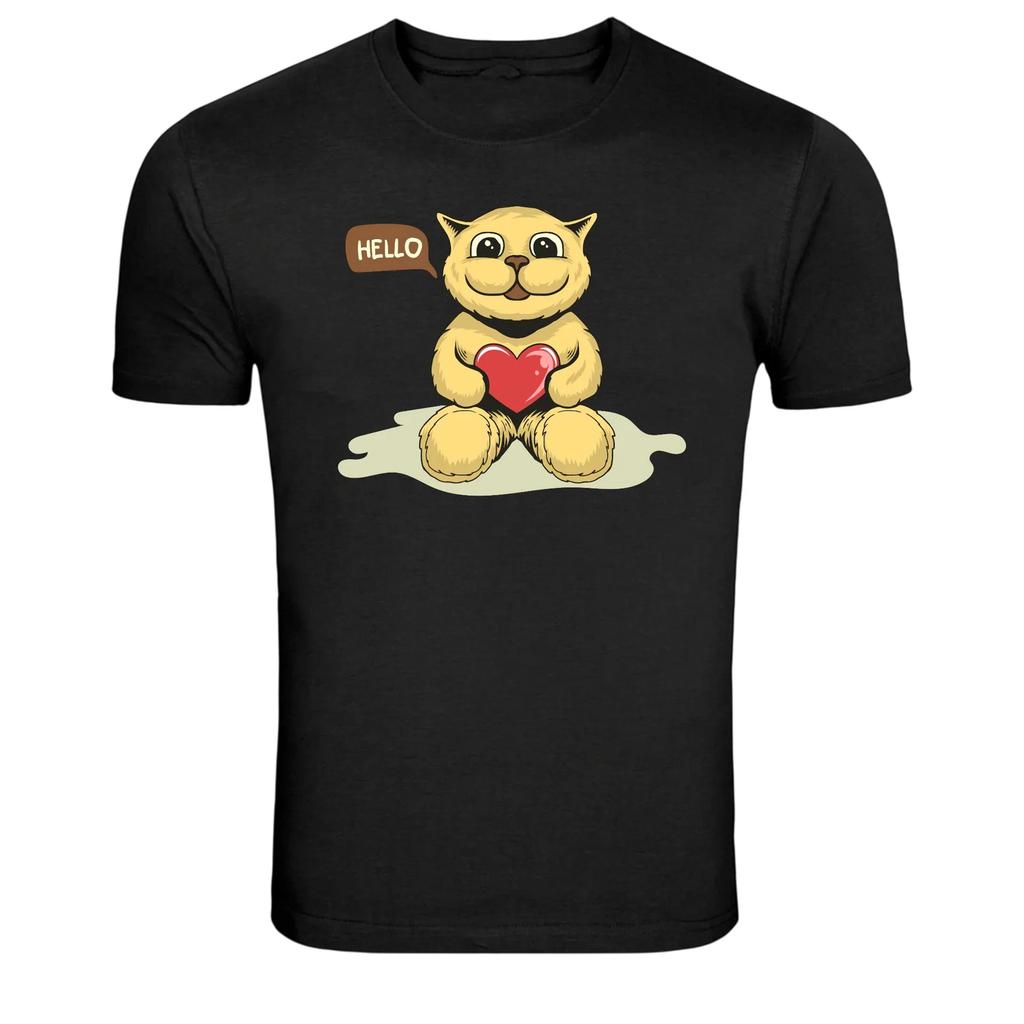 Cute Cat Holding Heart Hello Cartoon Graphic T-Shirt