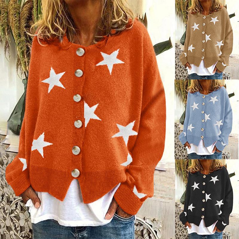 Autumn/Winter Women's Knitted Cardigan - Five-Pointed Star Design, Single-Breasted Sweater
