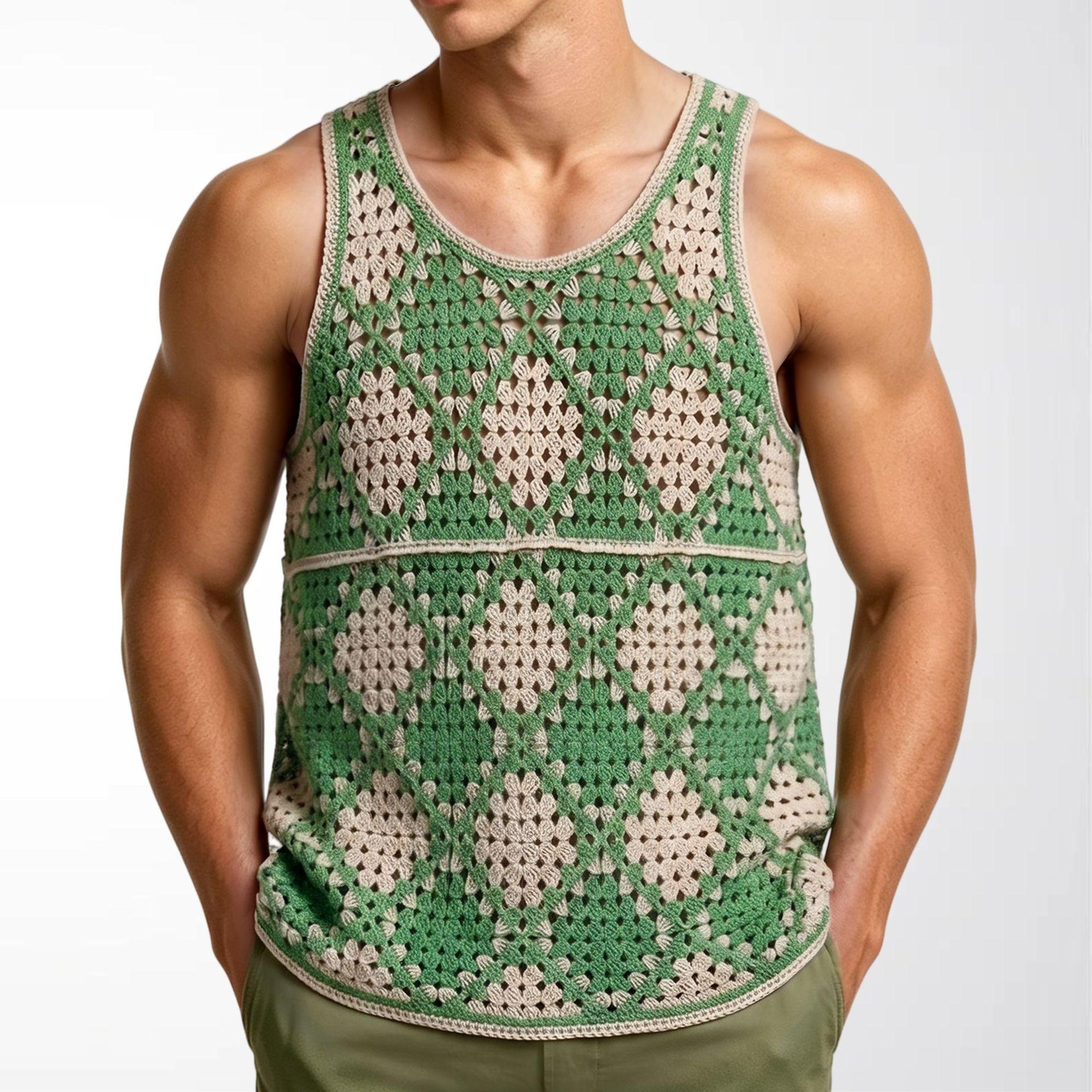 

Men s Sleeveless Tank Tops Knitted Hollow Out Crochet T-Shirts Muscle Summer Vacation Beach Shirts Casual Athletic Muscle Pullover Vest Top for Male M зелёный