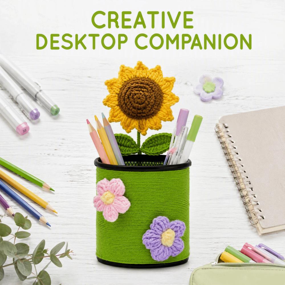Handmade Crochet Sunflower Pen Holder Cute Simulated Flower Knitted Flowers Pencil Organizer Creative Durable Desk Pencil Holder