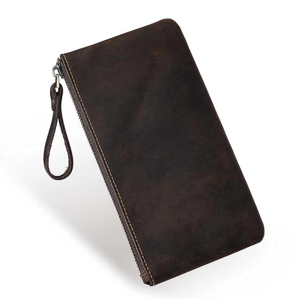 Retro Crazy Horse Leather Zipper Pen Bag Portable Large Capacity Pen Case Pencil Bag Teacher Bag Vintage Long Wallet for Men