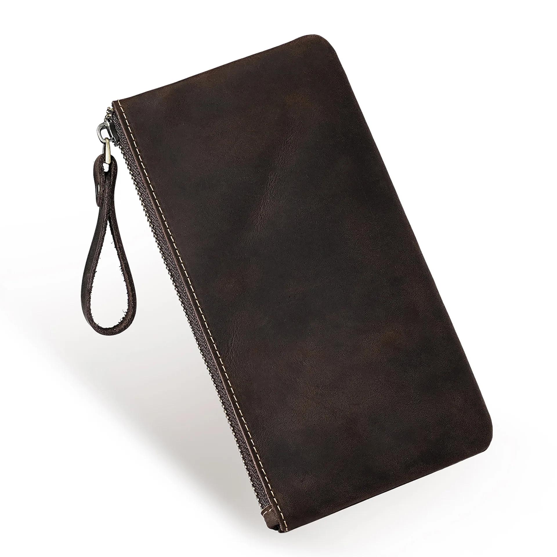 

Retro Crazy Horse Leather Zipper Pen Bag Portable Large Capacity Pen Case Pencil Bag Teacher Bag Vintage Long Wallet for Men кавовий