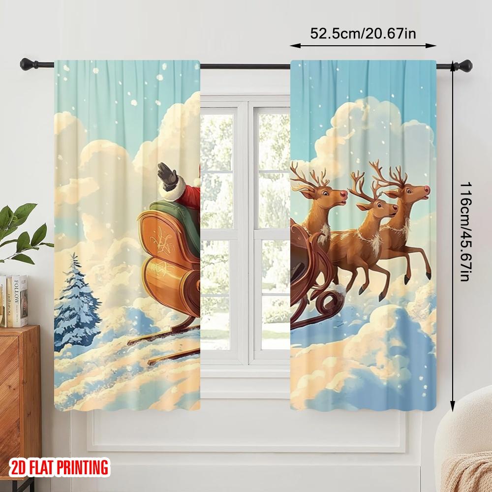 2pcs,2D Plane Printing Contemporary Curtains Santa Claus Sleigh and Reindeer7 (3) Versatile Polyester Fabric (without Rod) Room