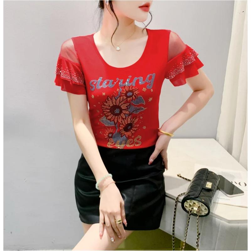 Summer Streetwear Girl Shiny Bling Rhinestone Floral T-shirt Sexy Off Shouler Short Sleeve Tops New Chic Women Elastic Slim Tees