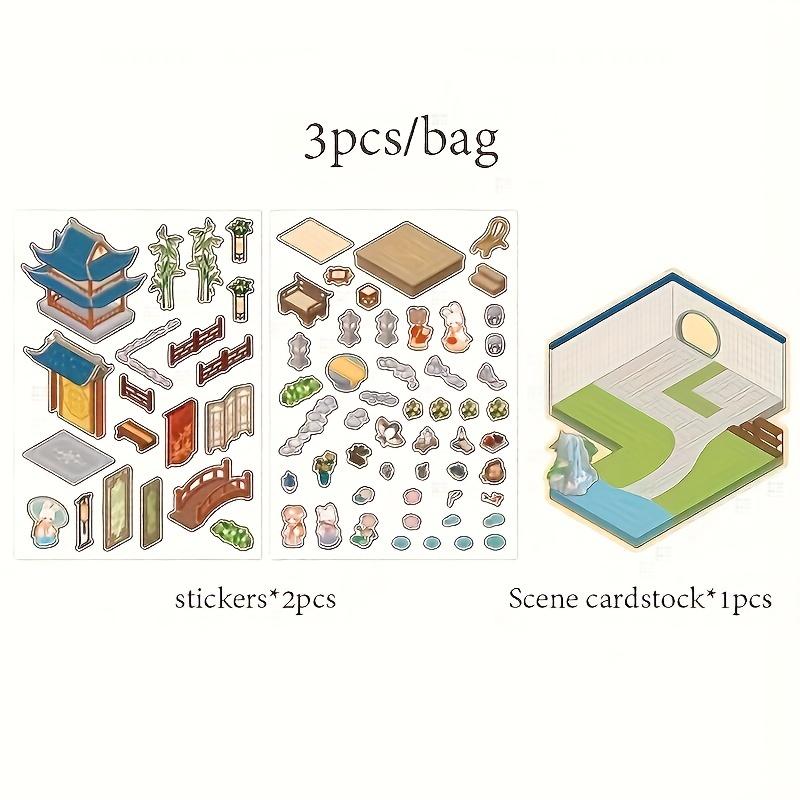 Mini 3D Szenen Sticker Pack Kawill Cartoon Tier Retro Chinesischer Innenhof Teich Arbeitszimmer Szene Sticker DIY Szenen Sticker