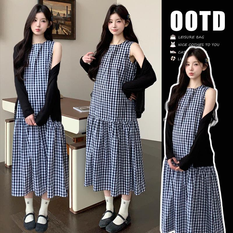 Spring-Summer Plaid Two-Piece: Loose Vest Dress & Sun Protection Cardigan XL