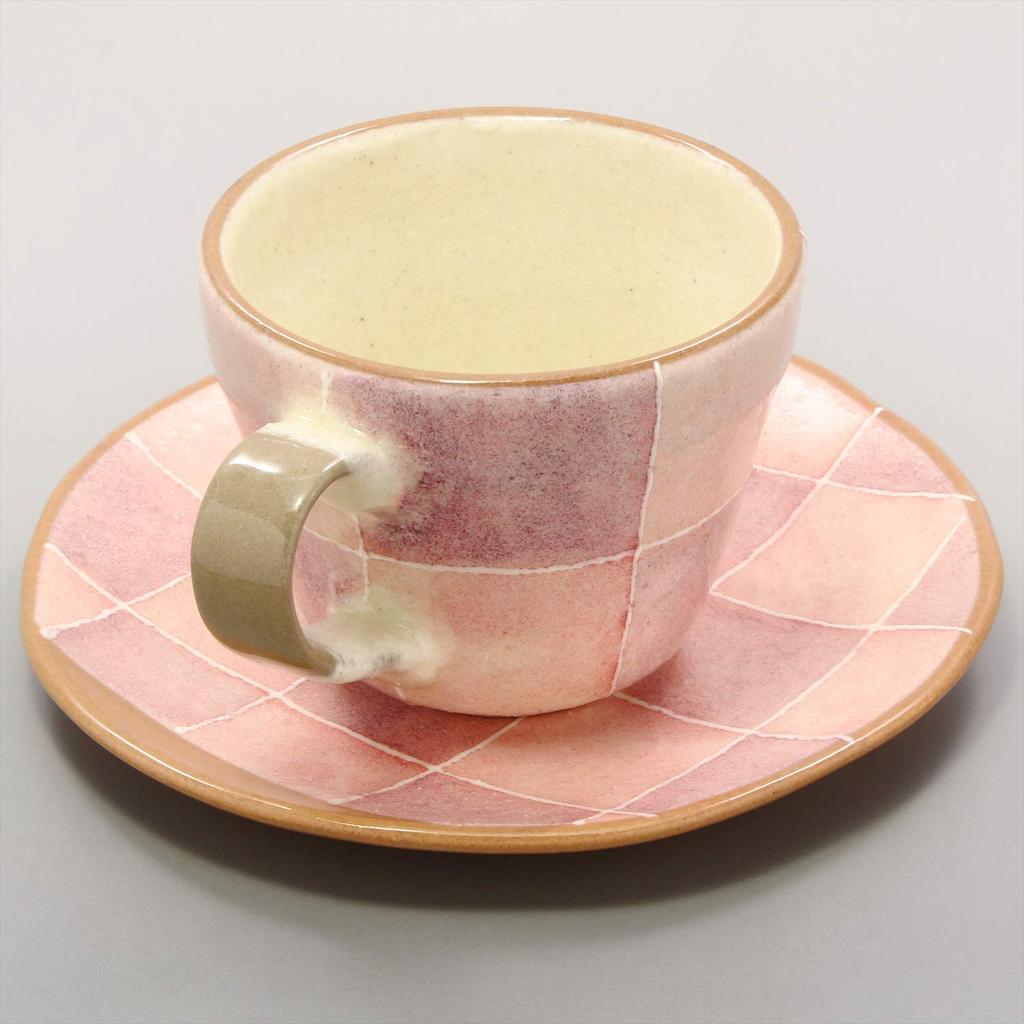 Ichikyu Mino ware coffee bowl plate colored checkered pink 580-01