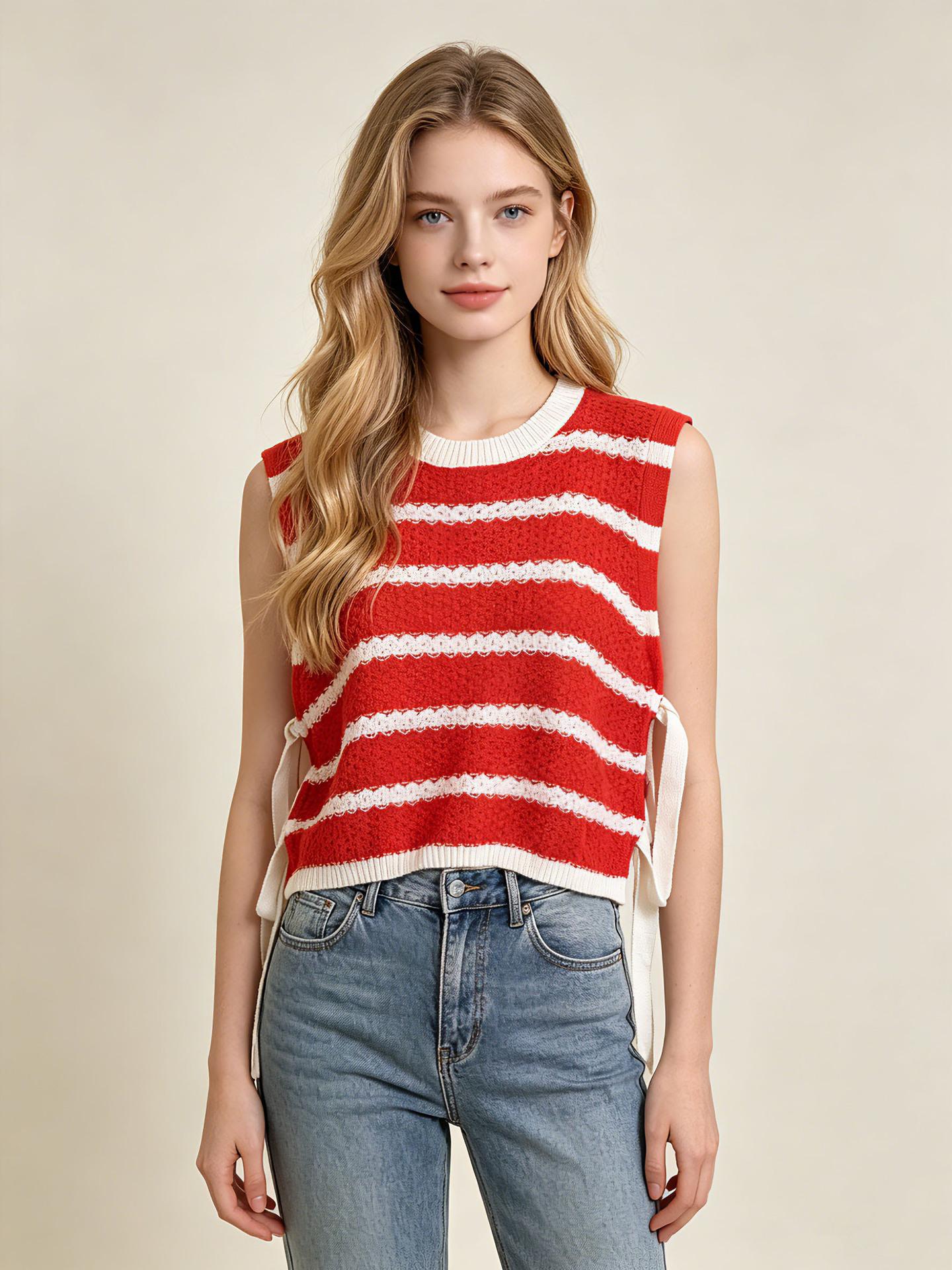 Cross-border spring and summer stripes contrasting colors hollow round neck knitted vest women s side straps sleeveless stacked vest thin S красный