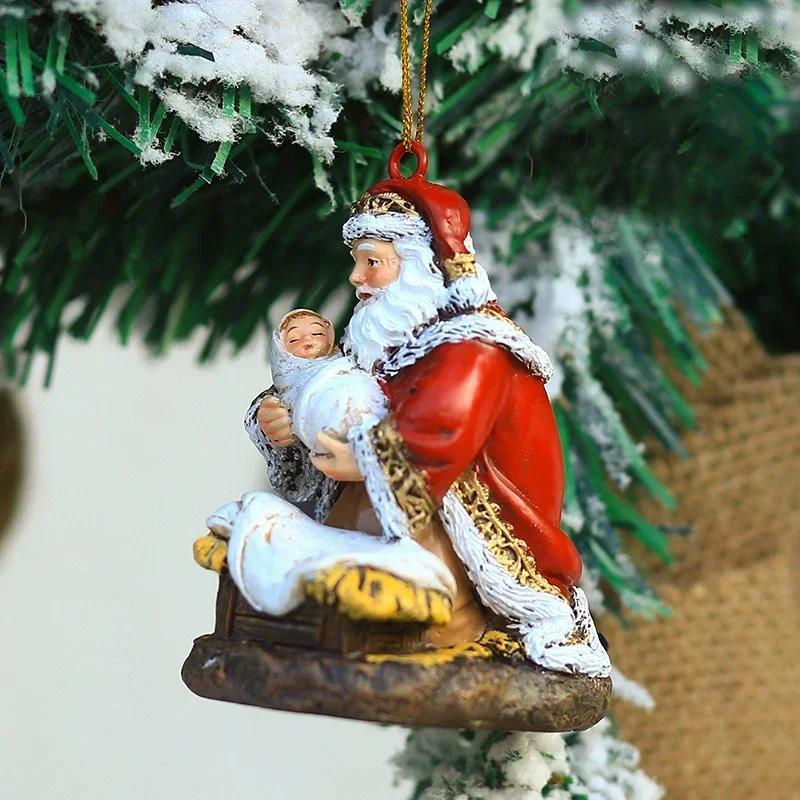 Christmas Party Decoration Hanging Ornaments Resin Hugging Santa Claus Figurines Mini Santa Pendant Xmas Tree Home Decor Supplie