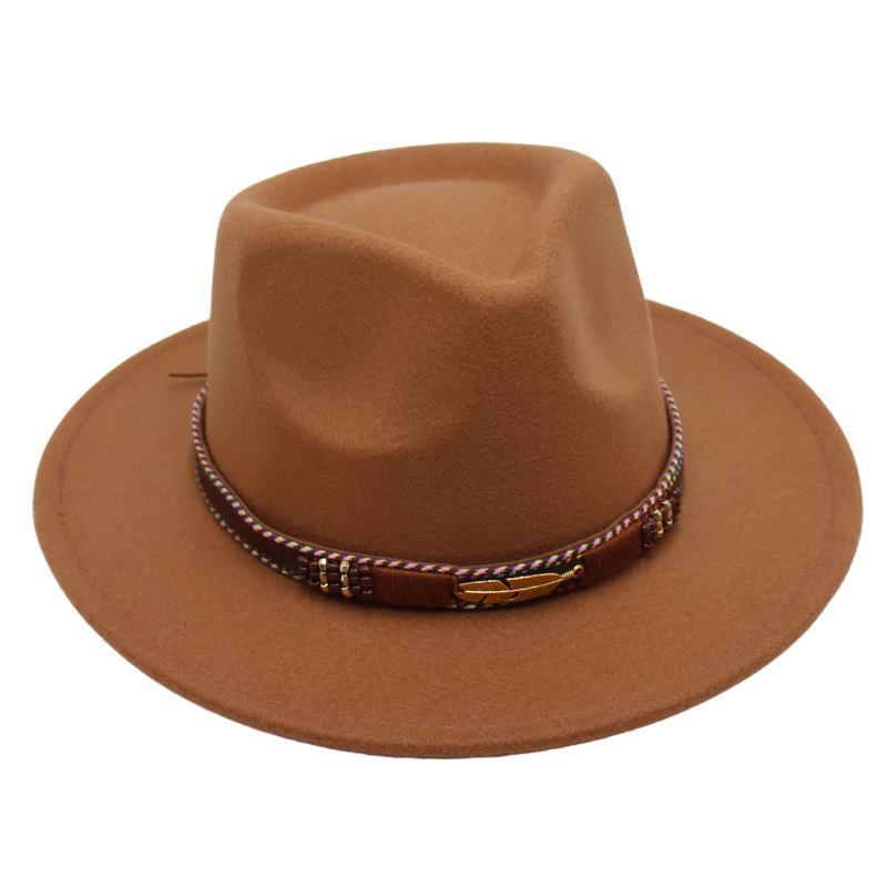 Feather Decoration Ethnic Style Top Hat Tibetan Jazz Hat Temperament Felt Hat Imitation Wool Hat Men'S And Women'S Ins Style