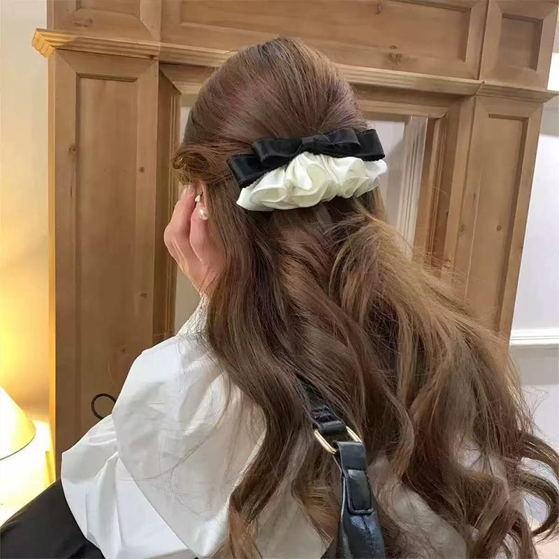 1pc Sweet Lace Satin Pleated Bow Hair Clip, French Elegant and Versatile Spring Clip, Fashion New Contrast Design Spring Clip