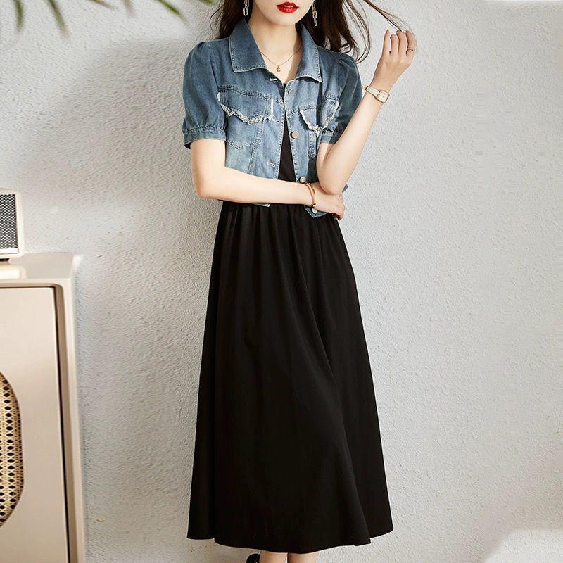 2026 Summer Retro Denim Dress & Vest Set: Casual Short-Sleeved Two-Piece Fashion
