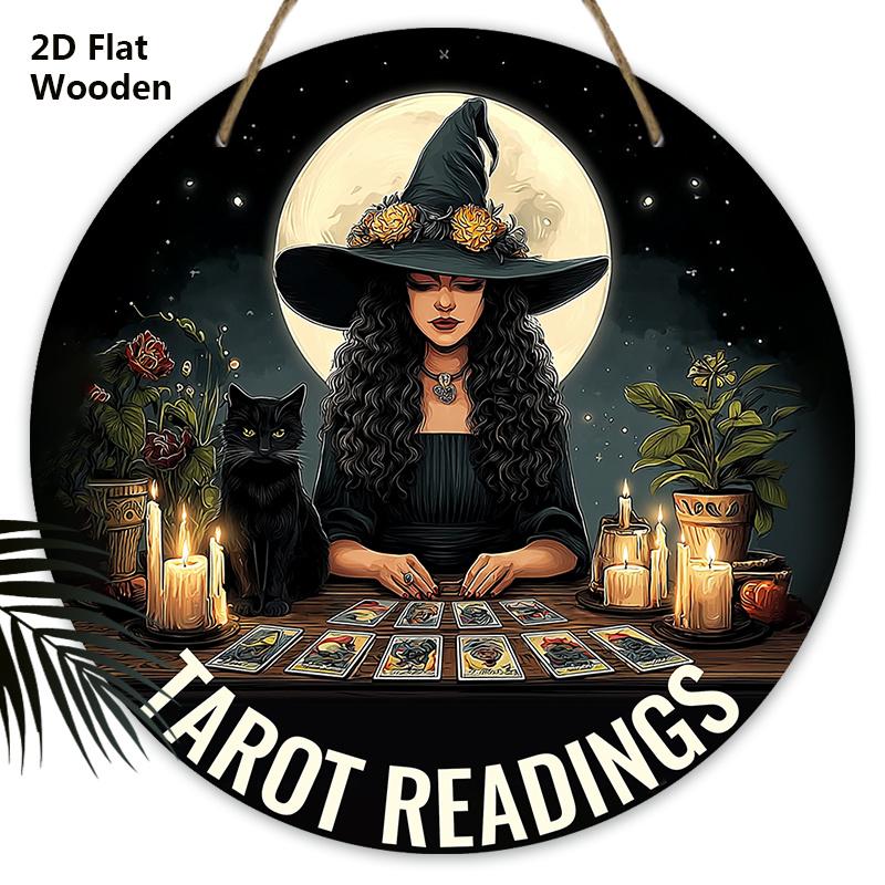 

Деревянная вывеска на Хэллоуин с темой гаданий на Таро - Фигурки-украшения с узором ведьмы и черного кота - Идеально для входной двери, двора, крыльца, декора комнаты 20cm/7.87in чёрный