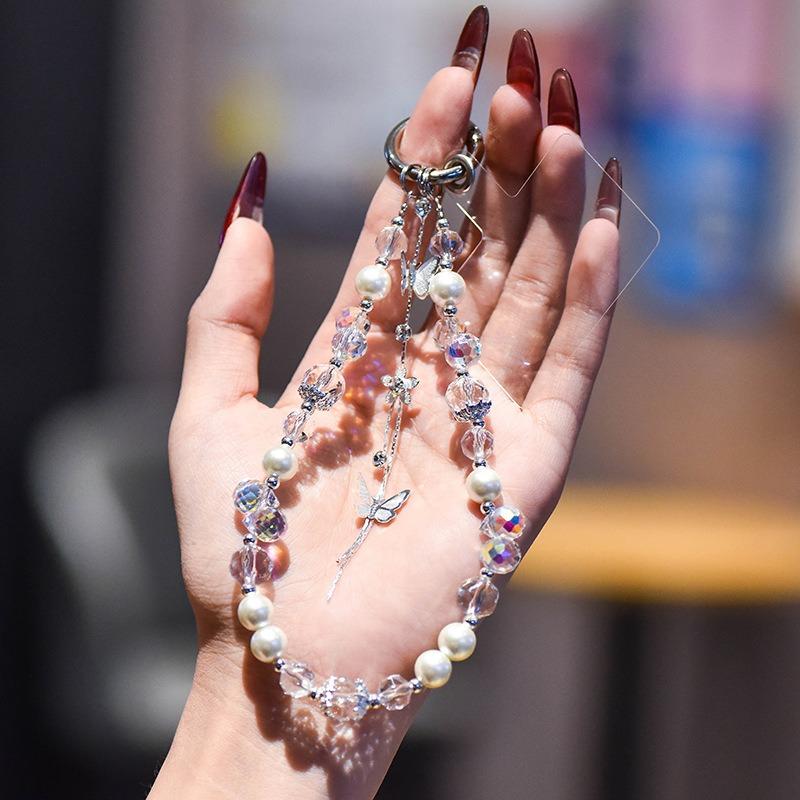 For Cell Phone Short Crystal Lanyard Strap Pearl Pendant Handmade Beads Chain Anti-Lost Hand Rope Fashion Light Ornament