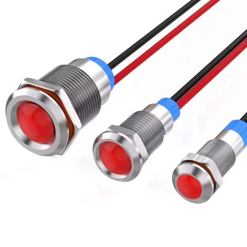1Pack 6mm LED Metal Indicator Light, 12V 24V 220V DC AC Waterproof Industrial Signal Lamp with Wire, Red Green Light