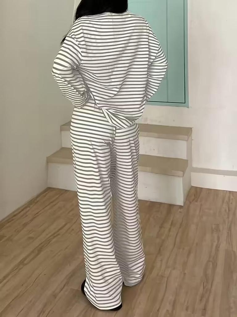 European-American Women's Striped Long Sleeve Top & High Waist Pants Set - Autumn 2025 Fashion Casual Wear.