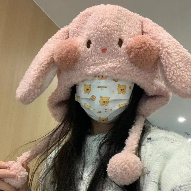Cartoon cute big-eared rabbit female new winter thickened warm plush ear cap