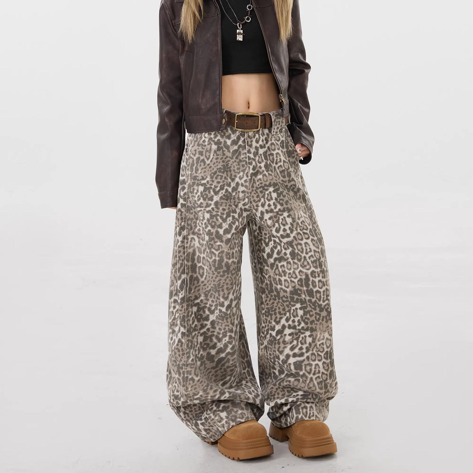 

Unisex Retro Leopard Print Wide-Leg Jeans - Floor-Length, Casual Scissor Cut Pants for Trendy, Relaxed Street Style. XL цветной печати леопарда