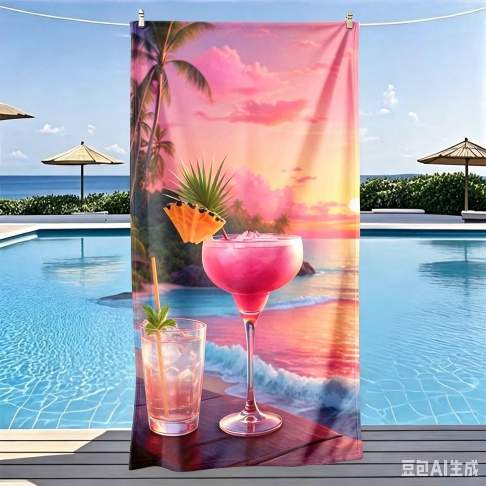 Large Tropical Cocktail Beach Towel Oversized Sunset Beach Print Microfiber Towel for Summer Vacation 50x100cm
