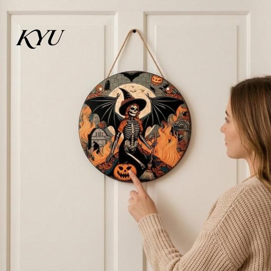 Vintage Witch And Bat Plaque Halloween Wooden Sign, Round Hanging Pendant with Lanyard, Retro Distressed Rustic Wall Decor Wood Skeleton/Pumpkin/Clown