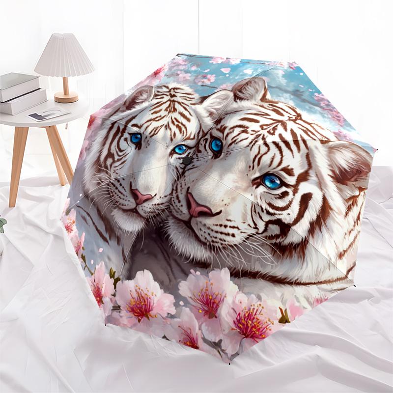 1 PC Automatic Folding Umbrella - White Tiger Pattern, Portable & Foldable Design with 8 Ribs, Christmas Birthday Gifts