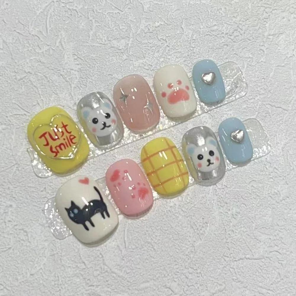 Summer Sweetheart Handmade Full Cover False Nails Kawaii Cartoon Cat Flower Cat Eye Short Square Reusable Fake Nail Stickers