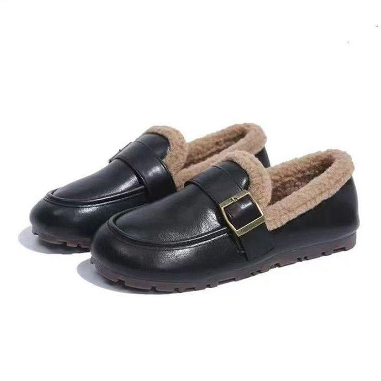 

Mao Mao shoes winter Birkenstocks flat-soled soft-soled leather-faced piled beanie shoes cotton shoes 35